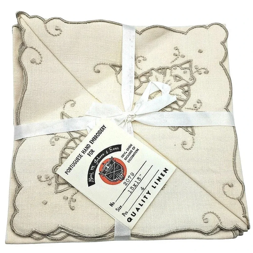Vintage‎ Benj. M. Jabara & Sons Portuguese Hand Embroidery Linen Table Set Cream